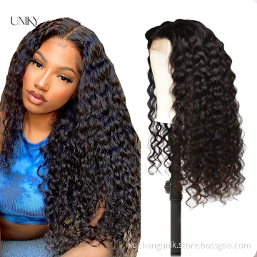 Uniky Wholesale Glueless Top Quality Cheap T Lace Frontal Align Virgin Raw Indian Water Deep Wave Long Women Human Hair Wig